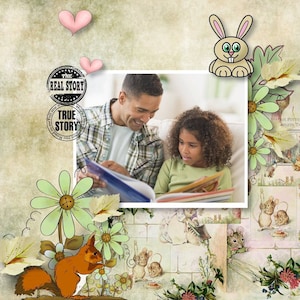 Puede incluir: Un padre y su hija están sentados en un sofá leyendo un libro juntos. El padre lleva una camisa a cuadros y la hija lleva una camisa verde. La imagen está enmarcada con un borde decorativo con flores, hojas y un conejo.