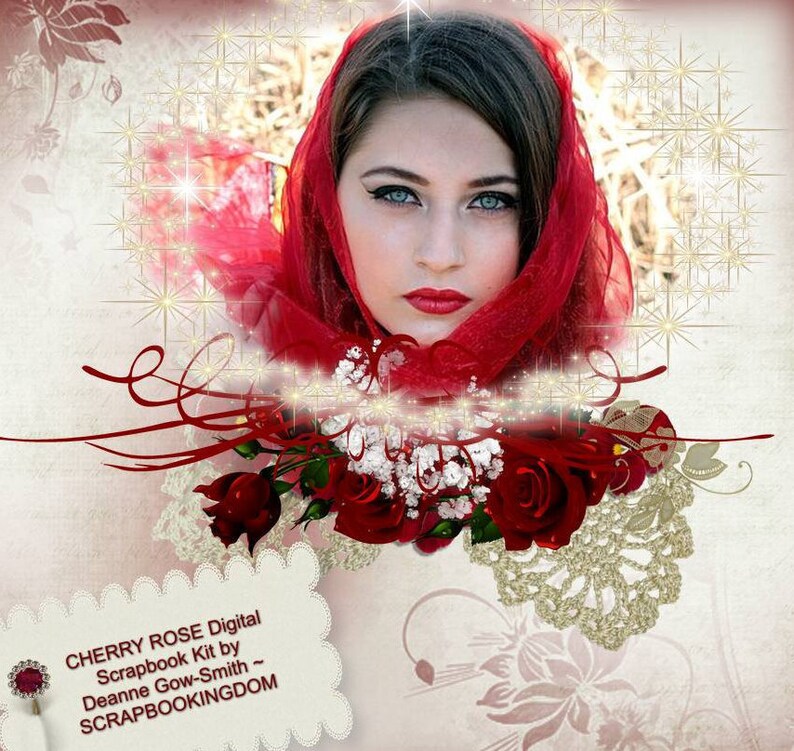 Op de afbeelding: Een digitale scrapbookkit met een rood, wit en gouden kleurenschema. De kit bevat een vrouw met rood haar die een rode sjaal draagt, een boeket rode rozen en een gouden hartvormig frame met glinsterende sterren. De tekst "CHERRY ROSE Digital Scrapbook Kit by Deanne Gow-Smith - SCRAPBOOKINGDOM" wordt onderaan de afbeelding weergegeven.
