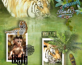 Vakantiebestemming Bali Plakboekpakket BALI BREEZE tijger, olifant, Balinese versieringen, bloemen, postzegels vakantie plakboek