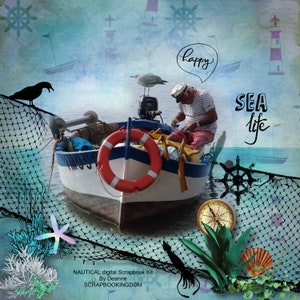 NAUTICAL digital Scrapbook Kit Boating, fishing, shells sand water, Anchor LightHouse, Beach, sea weed 16 digital papers, 84 embellishments