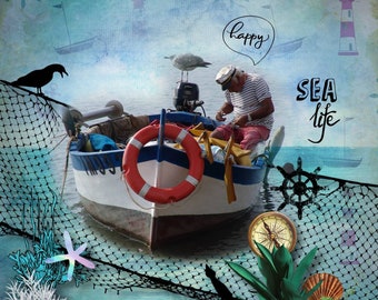 NAUTICAL digital Scrapbook Kit Boating, fishing, shells sand water, Anchor LightHouse, Beach, sea weed 16 digital papers, 84 embellishments