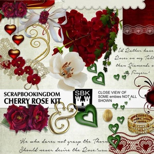 Op de afbeelding: Een digitale scrapbookingkit met een kersenroos-thema. De kit bevat afbeeldingen van rozen, harten, kant en andere versieringen. De tekst "Scrapbookingdom Cherry Rose Kit" wordt bovenaan de afbeelding weergegeven. De tekst "I'd Rather have Roses on my Table than Diamonds on my Fingers." wordt rechts in de afbeelding weergegeven. De tekst "He who dares not grasp the Thorn Should never desire the Rose." wordt onderaan de afbeelding weergegeven.