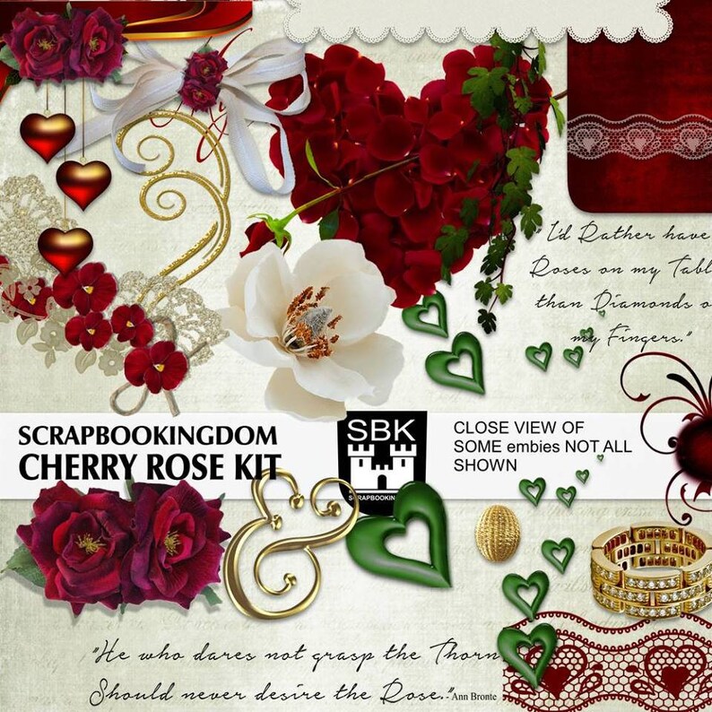 Op de afbeelding: Een digitale scrapbookingkit met een kersenroos-thema. De kit bevat afbeeldingen van rozen, harten, kant en andere versieringen. De tekst "Scrapbookingdom Cherry Rose Kit" wordt bovenaan de afbeelding weergegeven. De tekst "I'd Rather have Roses on my Table than Diamonds on my Fingers." wordt rechts in de afbeelding weergegeven. De tekst "He who dares not grasp the Thorn Should never desire the Rose." wordt onderaan de afbeelding weergegeven.