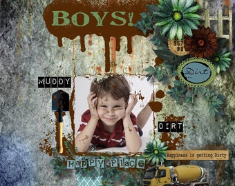 A Little Dirt - Boys scrapbook kit with mud and dirt theme 18 digital scrapbooking Papers & 89 embellishments