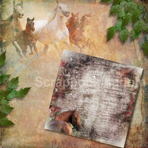 May include: A vintage-style background with a distressed wood frame and a faded image of horses running through a field. The background is a light brown with a hint of green and has a textured look. The frame is a dark brown with a rough, textured surface. The horses are white, brown, and black and are running in a blur. The image is faded and has a vintage look.