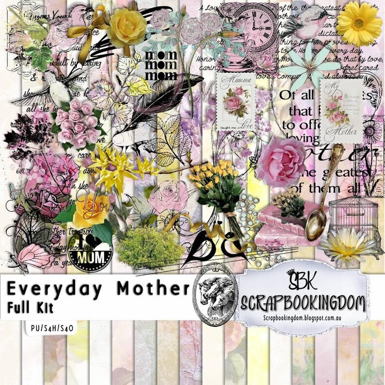 Mother's Digital Scrapbooking kit EVERYDAY MOTHER scrapbook papers, digital scrapbooking embellishments mum, roses, water color, Mom stamps image 2