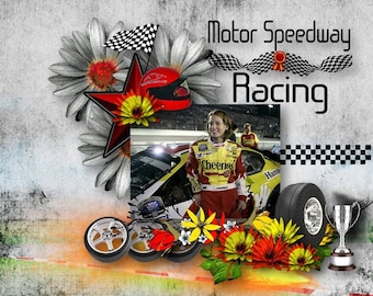 Car Racing Scrapbook Kit -RACING ZONE-  realistic embellishments , wheels, tracks, signs, champagne, trophy, racing cars,Car race word art