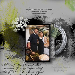 May include: A couple in black aprons stand in front of a stall at a market. The man is holding a wooden ladle and a bowl of olives. The woman is holding a small green olive. The stall is decorated with olive branches and a sign that says "Olive".