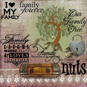 May include: A decorative image with the words "I love my family" and "family is forever." A family tree, a lock, and a wooden box are also featured. The words "Our Family Tree" and "Family: The Roots of the tree of Life" are also present.
