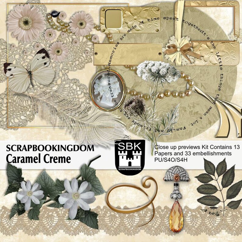 CARAMEL CREME feminine digital scrapbook kit 13 digital papers & 33 embellishments , flowers, feather, jewelry, frames , lace image 5