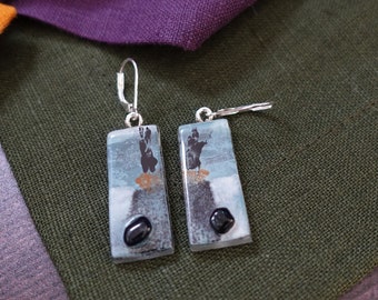 Abstract fused glass earrings present set. Silver enamel jewellery for her Birthday, tactile, one of a kind ear decoration. ER020 Driftwood
