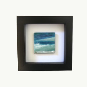 Mini painting on fused glass, Ocean swell with wave free standing or hang.Hand painted WL118,Bedroom seascape picture 5x5cm, 12cm frame blk image 5