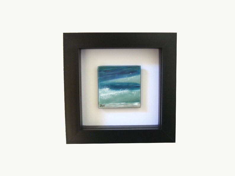 Mini painting on fused glass, Ocean swell with wave free standing or hang.Hand painted WL118,Bedroom seascape picture 5x5cm, 12cm frame blk image 5