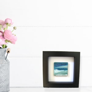 Mini painting on fused glass, Ocean swell with wave free standing or hang.Hand painted WL118,Bedroom seascape picture 5x5cm, 12cm frame blk image 3