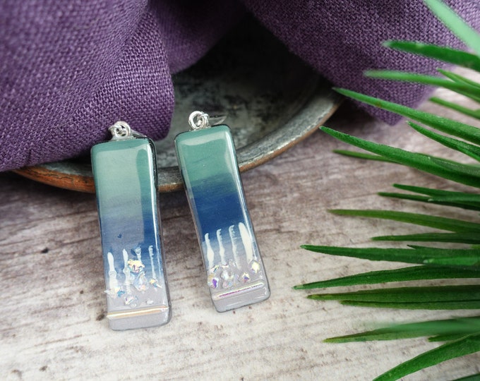 Fused glass and dichroic, lightweight long dangle earrings ER115 - meadows-, pink, green, white and blue enamel painting