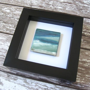 Mini painting on fused glass, Ocean swell with wave free standing or hang.Hand painted WL118,Bedroom seascape picture 5x5cm, 12cm frame blk image 2