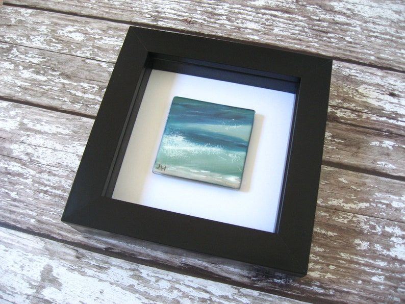 Mini painting on fused glass, Ocean swell with wave free standing or hang.Hand painted WL118,Bedroom seascape picture 5x5cm, 12cm frame blk image 2