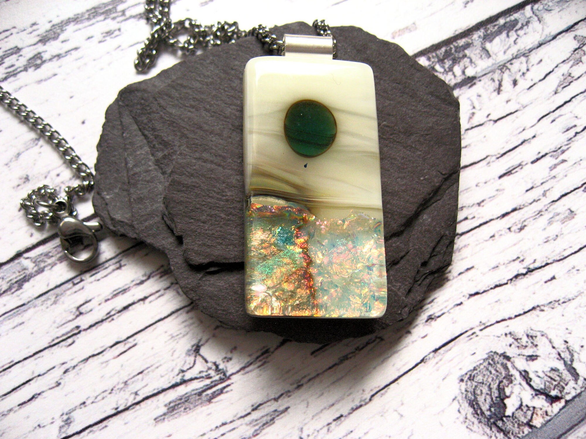 Dichroic Fused Glass Pendant With Reactive Pure Silver Inclusions
