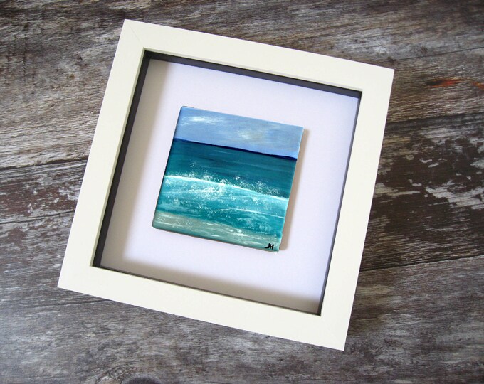 Splishy wave - Unique Sea painting - WL450, mini  8x8cm. Fused glass wall art. Original hand painted by Jenny. Signed Square white box frame