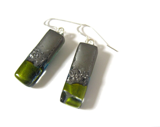 Silver and Moss, Fused glass dangle earrings on sterling silver wires