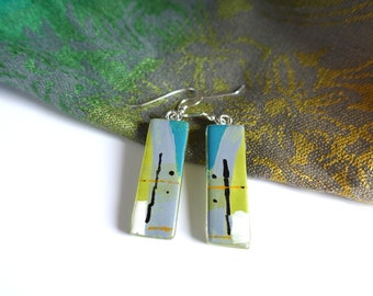 Fused glass, lightweight, enamel smooth drops, long earrings, bright gift. ER214 'Surf Lines'