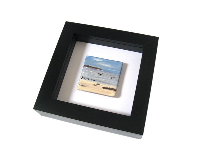 Shoreline with birds -  5cm square mini painting 12.5 x 12.5cm frame