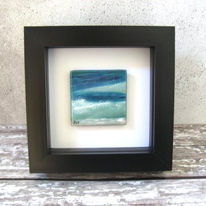 Mini painting on fused glass, Ocean swell with wave free standing or hang.Hand painted WL118,Bedroom seascape picture 5x5cm, 12cm frame blk image 4