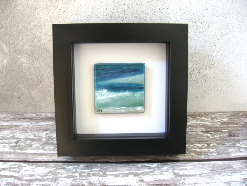 Mini painting on fused glass, Ocean swell with wave free standing or hang.Hand painted WL118,Bedroom seascape picture 5x5cm, 12cm frame blk image 4