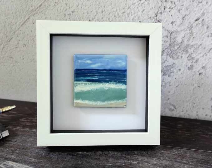 WL004 Unique Sea painting, mini - Rising wave - 8x8cm. Fused glass wall art. Original hand painted by Jenny. Signed Square white box frame