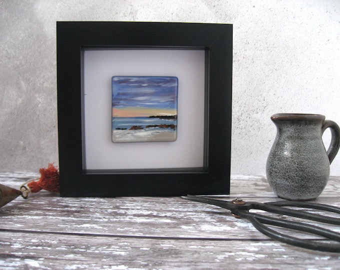 fused glass, enamel mini painting. Rocks at Sunset in 12.5 x 12.5cm black frame