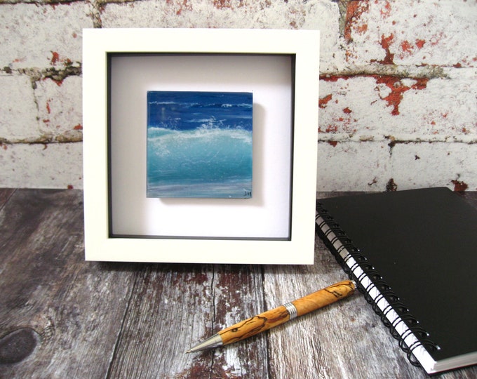 WL436 Unique Sea painting, mini - Silent wave - 8x8cm. Fused glass wall art. Original hand painted by Jenny. Signed Square white box frame