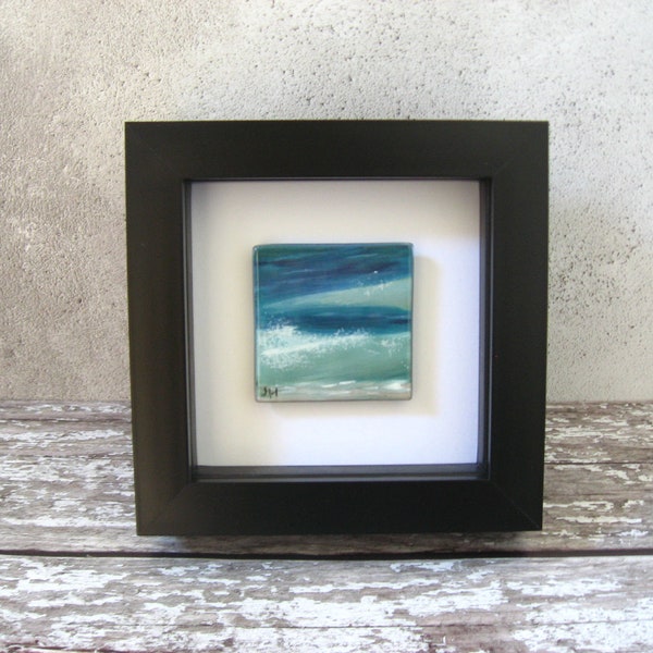 Mini painting on fused glass, Ocean swell with wave -free standing or hang.Hand painted WL118,Bedroom seascape picture 5x5cm, 12cm frame blk