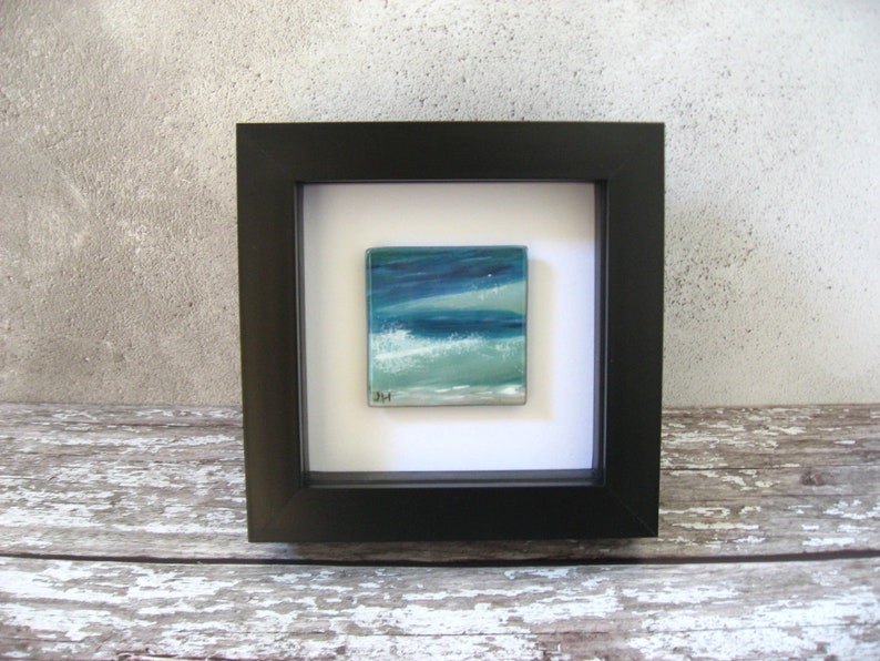 Mini painting on fused glass, Ocean swell with wave free standing or hang.Hand painted WL118,Bedroom seascape picture 5x5cm, 12cm frame blk image 1