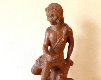 Beautiful Vintage Hand Carved Wood Statue Child David and Lamb