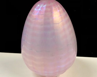 Large Iridescent Pink Ribbed Art Glass Egg Sculpture