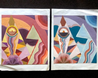 Pair of Modernist Abstract Gouache Color Studies on Paper Free Shipping