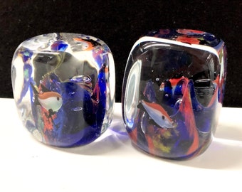 Pair of Square Art Glass Fish Paperweights