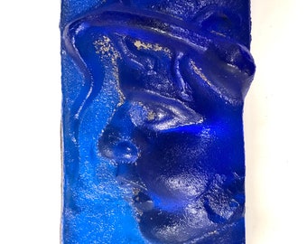 Large Cobalt Blue Sand Cast Face Sculpture 8.25”L Free Shipping