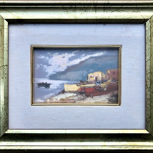 Sicilian Coastal Village shops Miniature Oil on Board Framed Painting Gladys Art Gallery Taormina Free Shipping