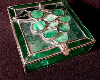 Green Grapes Stained Glass Jewelry Trinket Box Mirrored Interior