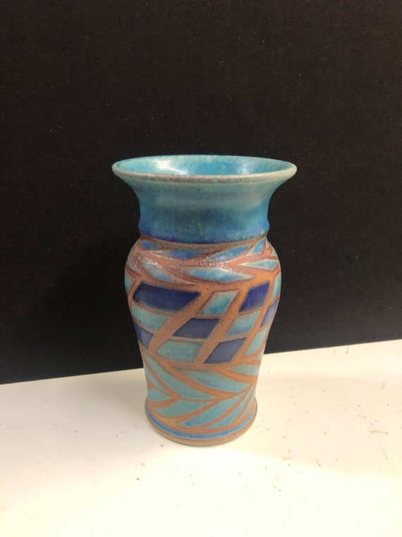 工芸品 woo Foxlo Pottery Wax Resist Stoneware Vase 7.5”H Free Shipping
