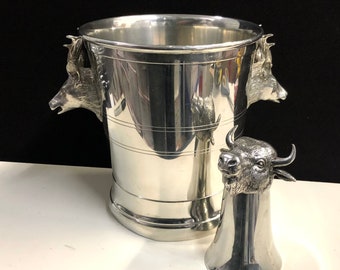 Universal Pewter Italian Elk Handle Ice Bucket and Buffalo Head Stirrup Cup