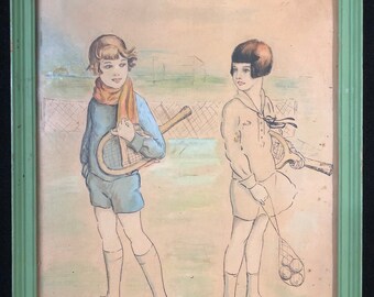 Charming 1925 Pen/Gouache Drawing of Two Girls Playing Tennis Art Deco Fashion