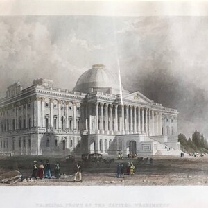 Principal Front of the Capitol, Washington, DC 1830s Hand Colored Engraving WH Bartlett Free Shipping