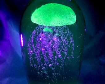 Jellyfish Art Glass Paperweight UV Glow 6”H
