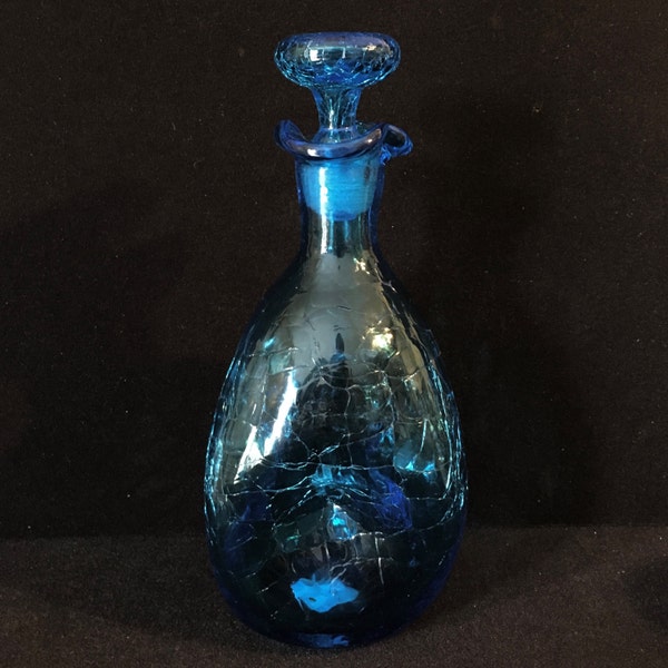 Vintage Blenko Blue Crackle Thee Sided Pinched Glass Decanter Mid Century Modern