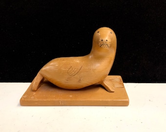 Alaskan Inuit Carved Wood Seal Sculpture by Nick Pete South Naknek