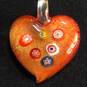 Millefiori and Gold Red Art Glass Heart Pemdant for a Necklace image 1