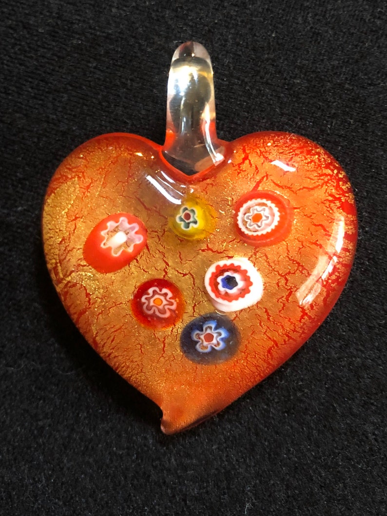 Millefiori and Gold Red Art Glass Heart Pemdant for a Necklace image 1