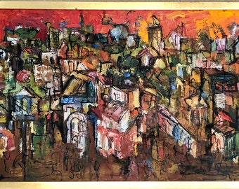 Lorraine Cohn Mid Century Jerusalem Sunset Oil Painting on Board Judaica Abstract Expressionist
